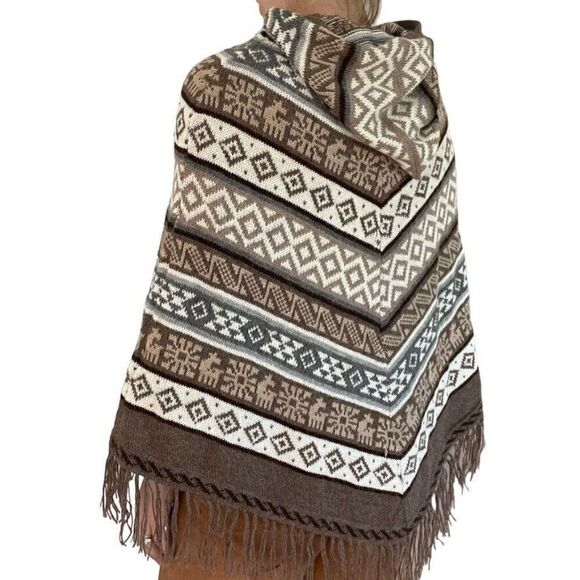 Gamboa Brown Tan 100% Alpaca Peruvian Hooded Fringe Poncho Made in Bolivia - Picture 4 of 5